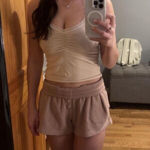 Beige Lace Trim Tank Top and Pink Ribbed Shorts